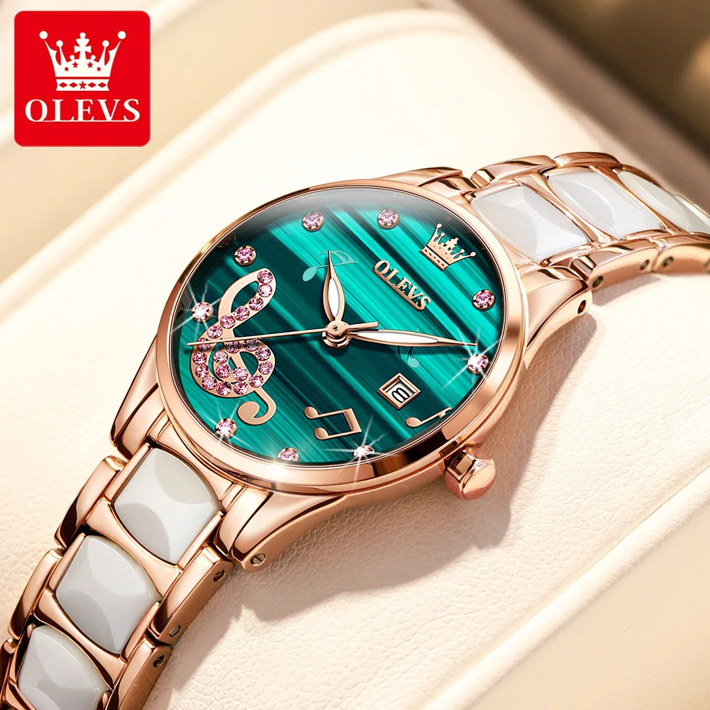 OLEVS Green Dial Women Watches Luxury Brand Fashion Ceramics Watches For Ladies Casual Female Quartz Watch Relógio feminino