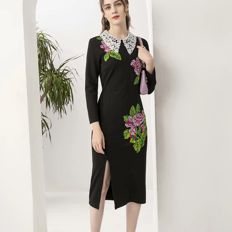 

Женское платье с длинными рукавами, облегающее платье средней длины в этническом ретро-стиле с вышитыми цветами и водорастворимыми цветами...