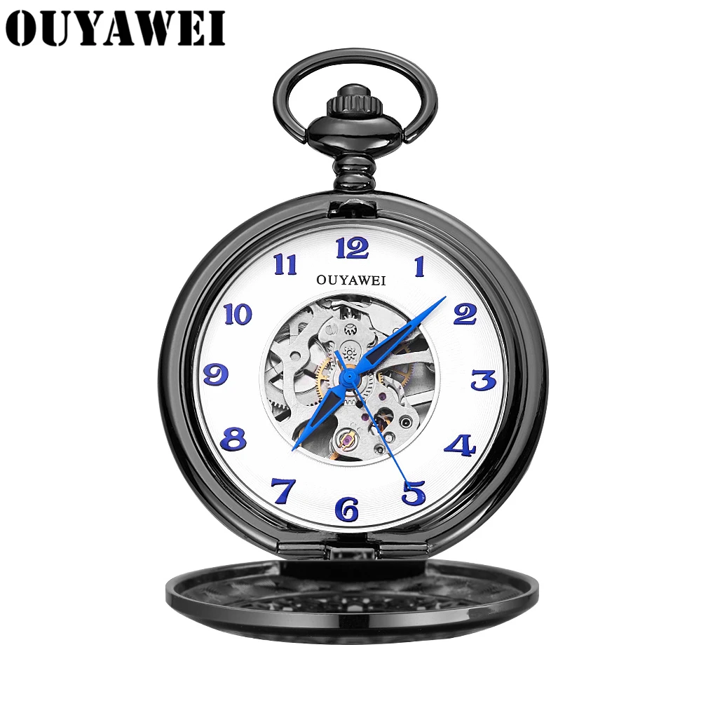 OUYAWEI Мужские Роскошные Механические карманные часы с ручкой ветром полый чехол в