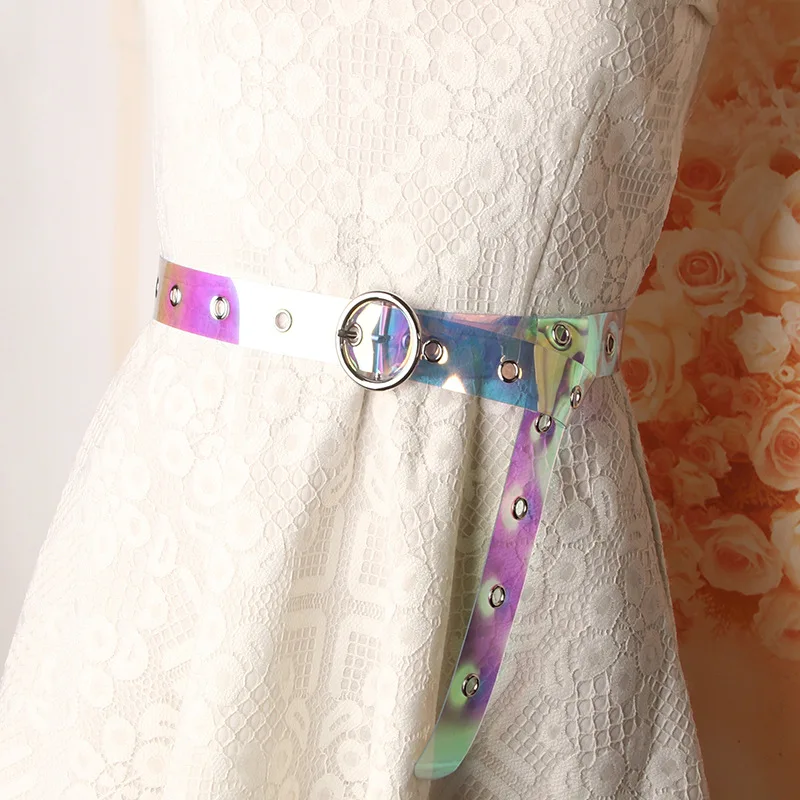 

2021 New Laser Women Belt Holographic Clear Waist Belt Metal Pin Buckle Transparent Waist Belts for Women Belt Waistband 104cm