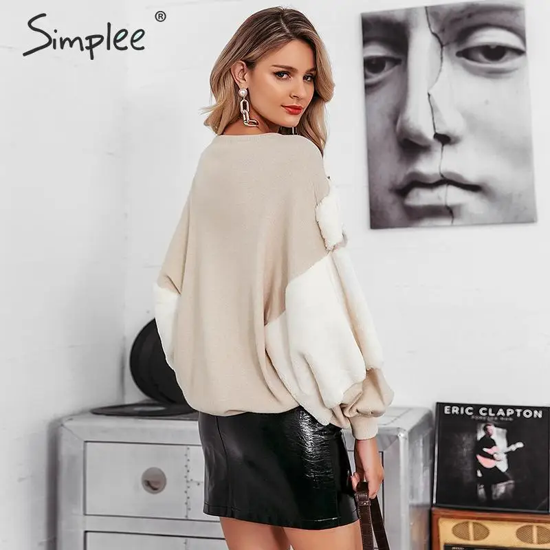Женский свитер Simplee теплый пуловер с пэчворком из искусственного меха и рукавами