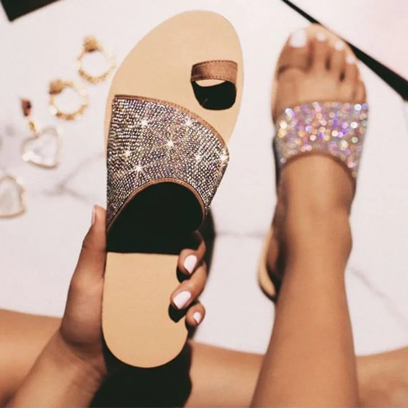 

Women's Fashion Sequin Slides Outside Ladies Casual Rhinestone Slippers Summer New Flat Home Slippers Shoes