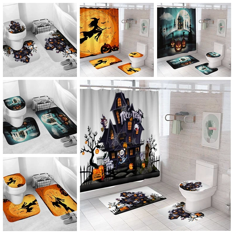 

Happy Halloween Trick Or Treat Bath Shower Curtains Home Decor Waterproof Antiskid Flannel Rug Nonslip Carpet Bathroom Curtain