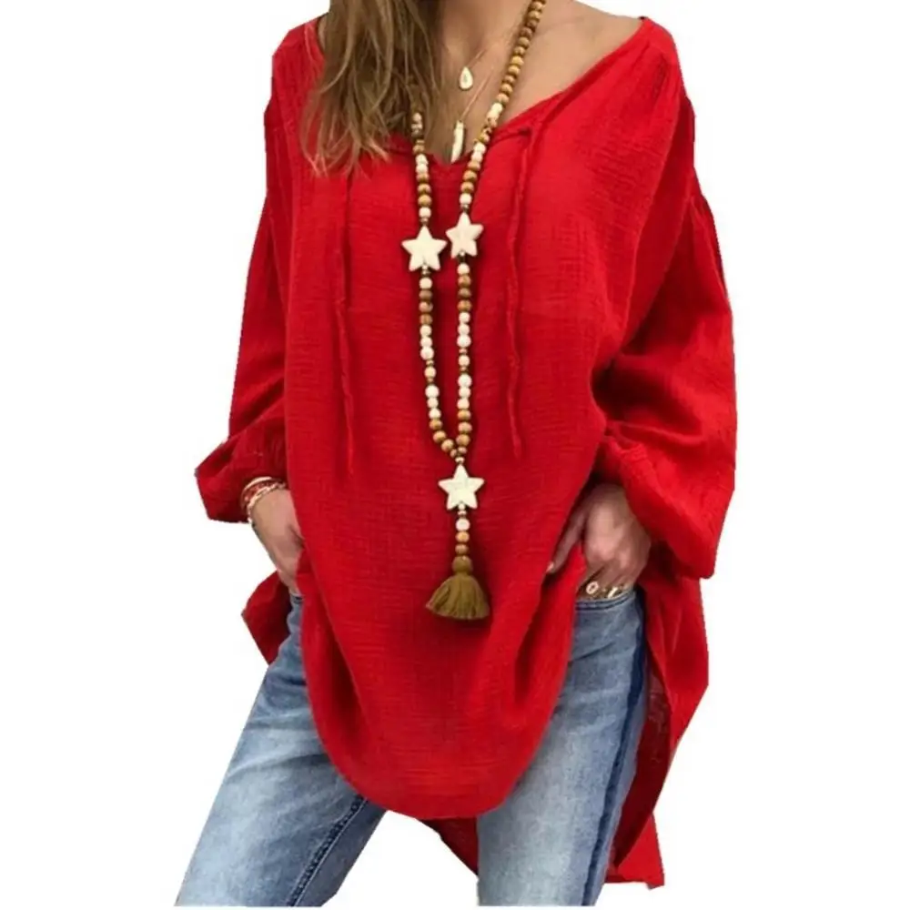 

Plus Size Women Solid Color Long Puff Sleeve V Neck Straps Loose Blouse T-shirt