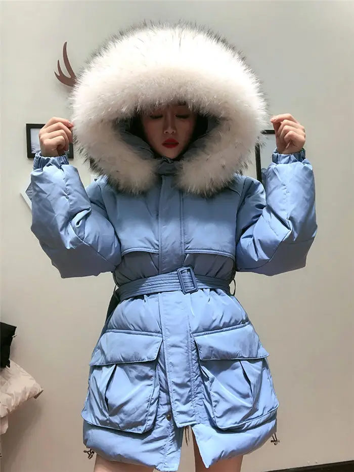 White Down Coat Winter Woman Fashion New Hooded Fur Collar Warm Thicken Cotton Clothing Casual Parkas Belt Overcoat f1401