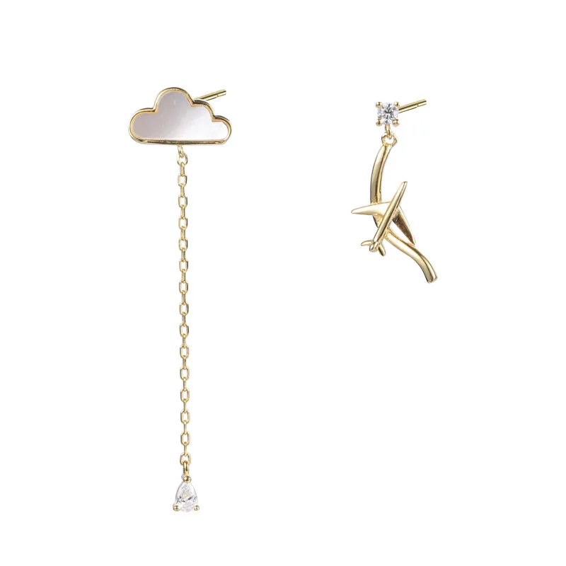 

natural Shell Aircraft 18k Gold Drop Earrings For Women Real 925 Sterling Silver Fine Zircon Earings Fashion Jewelry Asymmetry