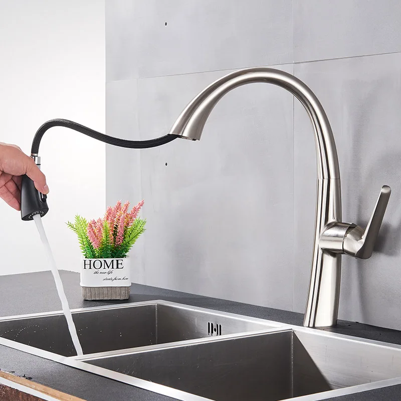 Matte Black Pull Out Kitchen Faucet Chrome 360 degree rotating Elegant Kitchen Sink Faucets Dual water modes Hot Cold Mixer Tap - Color: Brushed Nickel