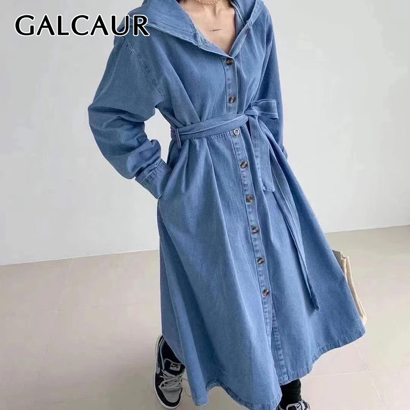 

Голубое джинсовое платье GALCAUR для женщин, платье миди с отложным воротником и длинным рукавом, высокой талией, женская модная одежда в Корей...