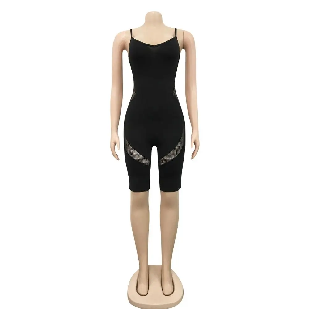 

2020 Hot Women Sexy Mesh Splicing Patchwork Open Back Skinny Knee Length Jumpsuit Casual Playsuit One Piece Romper Bodysuit