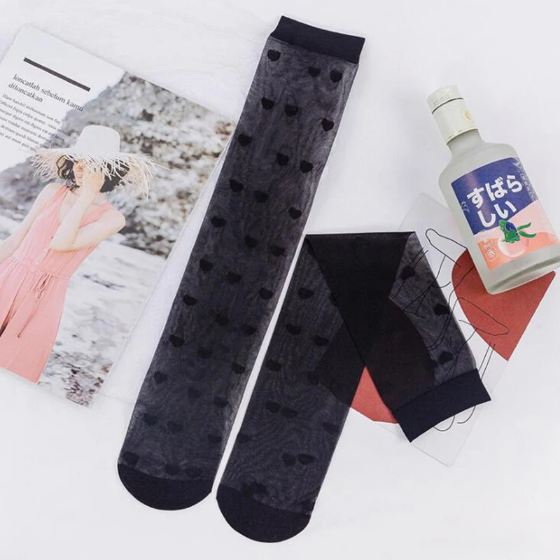 Jk Black High Knee Socks Women Transparent Ultra-thin Nylon Stockings Female Lolita Heart Long Socks Leg Dress Calcetine Medias