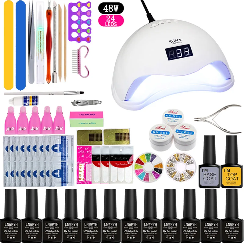 2.48W led lamp Полный маникюрный набор с лампой, набор для ногтей, 12 шт., УФ-набор гель-лаков для ногтей, инструменты для маникюра 36 Вт/48 Вт/54 Вт, УФ светодиодный светильник для дизайна ногтей - Цвет: 2.48W led lamp