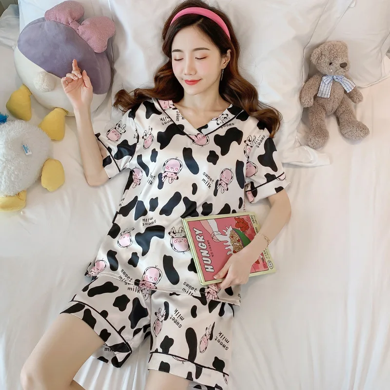 Home Clothes for Women Pajamas with Shorts Summer Thin Short-sleeved Korean Sweet Lovely V-neck Silk 2 Piece Pajama Set Women