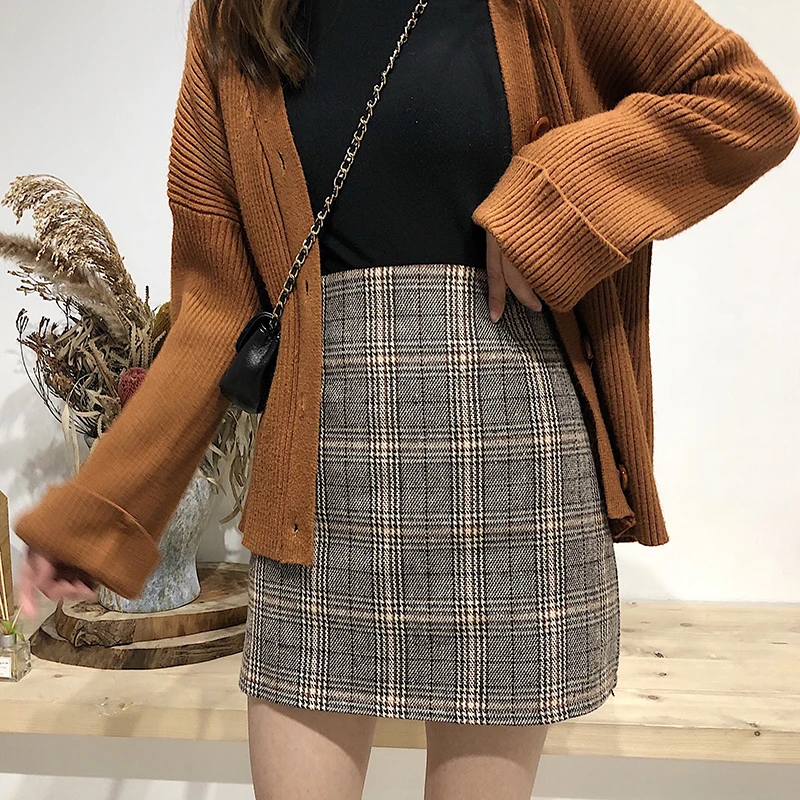 Юбка женская клетчатая с завышенной талией мини юбка в стиле ретро для