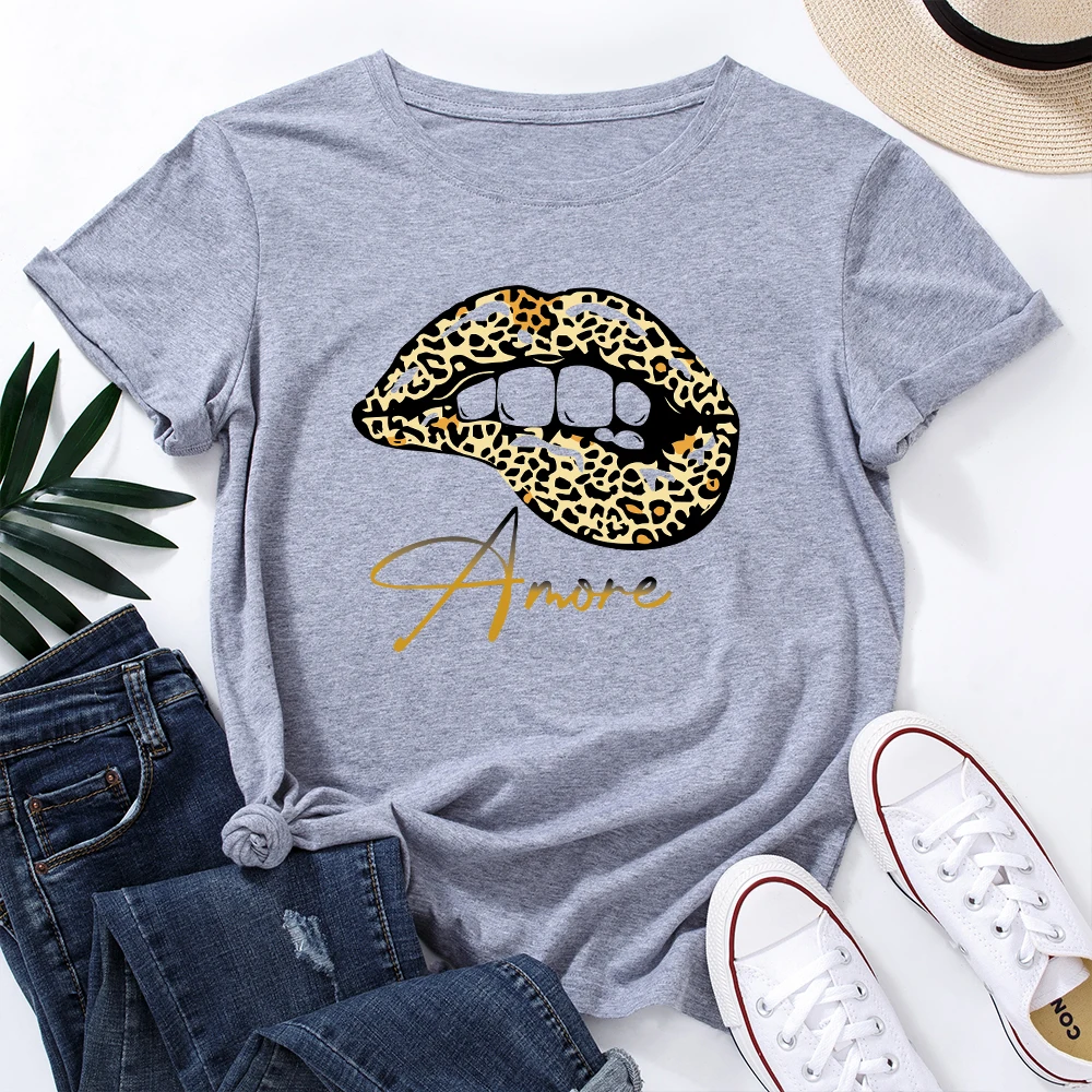 

С леопардовым принтом средства ухода за губами футболка «поцелуй» забавные губ футболки для женщин с коротким рукавом, летние футболки для ...