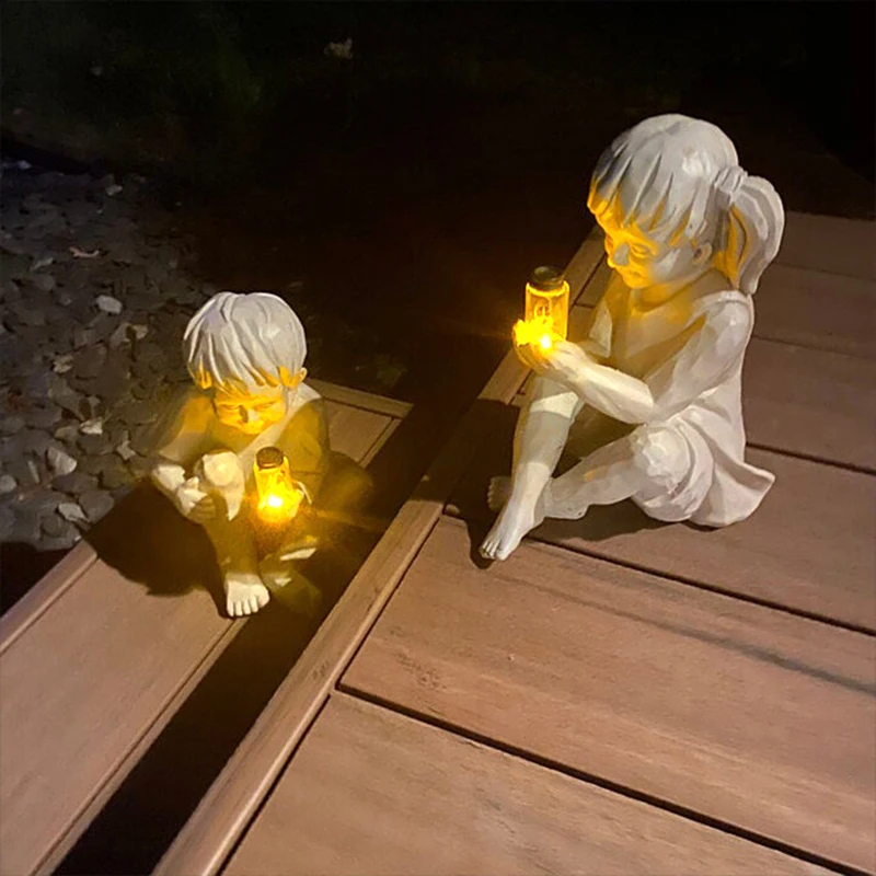 

A Kid With Solar Fireflies Garden Statue Resin Jar Boy Girl Statue Whimsical Flowerbed Yard Outdoor Sculpture Decor can