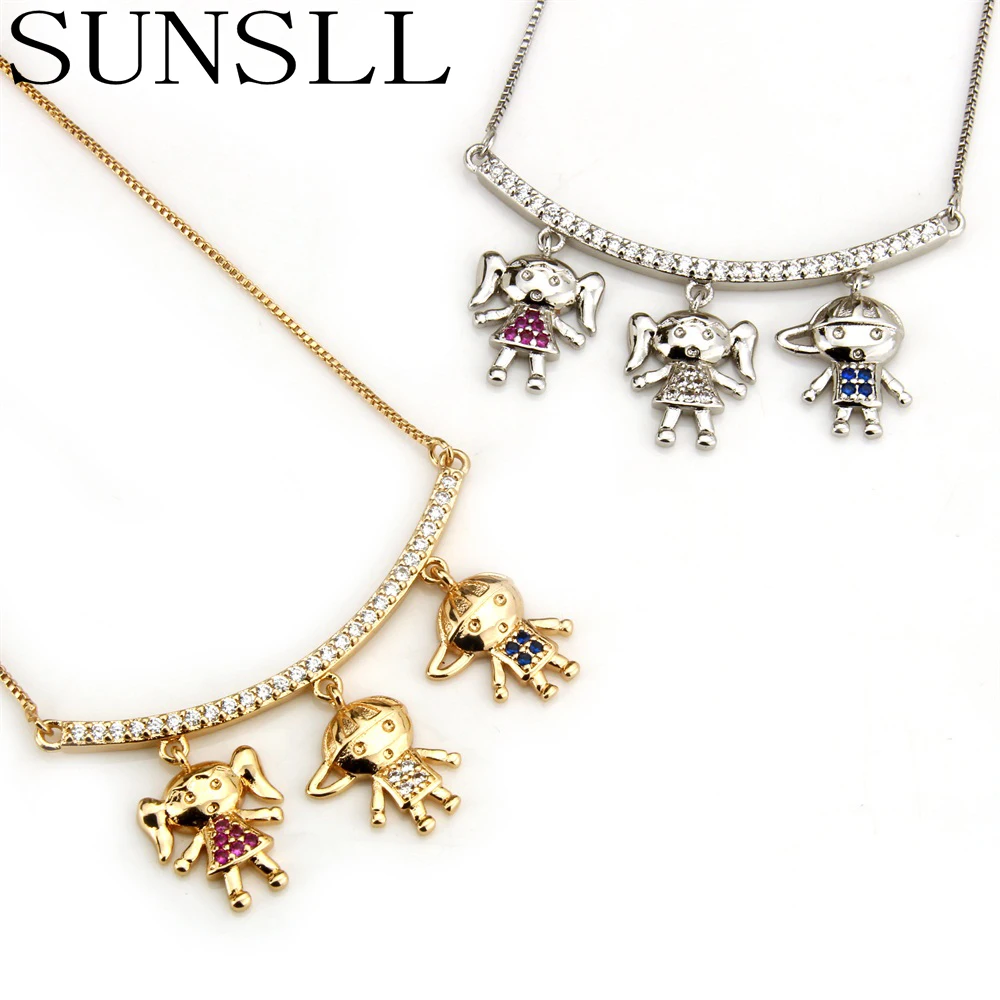 

SUNSLL 2 Color Copper Multicolor Cubic Zirconia 3 Children Pendant Necklaces Kids Women's Fashion Jewelry CZ Colar Feminina