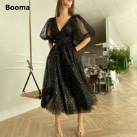 booma black starry tulle prom dresses sparkly v neck half puff sleeves wedding party dresses buttoned top tea length prom gowns
