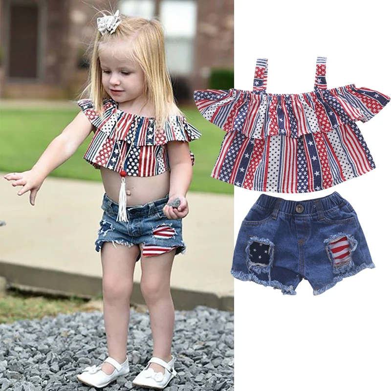

VOGUEON Girls Outfits Fashion Printed Summer Suspender Tops Broken Hole Denim Shorts Toddler Girls Clothing Set Children Clothes