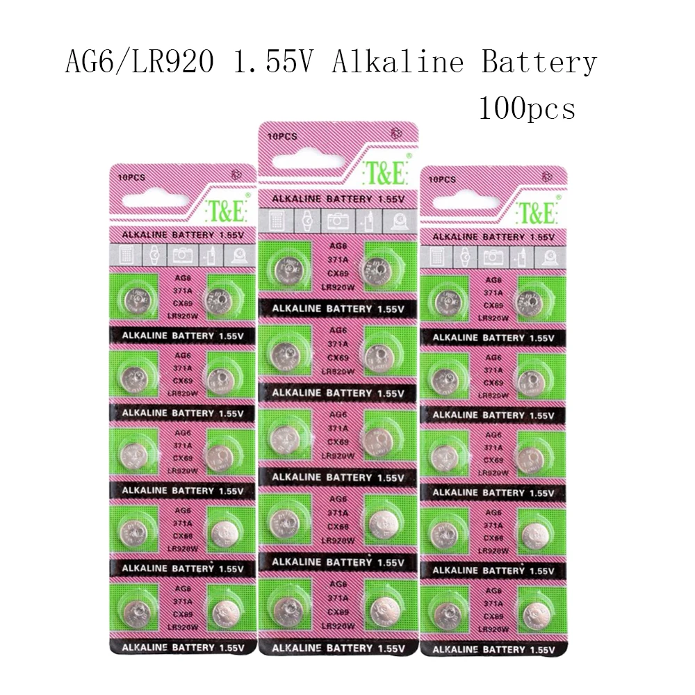 

100 шт = 10 карты AG6 1,55 V Щелочная батарейка-кнопка 40 мА/ч, 371 605 D371 SR920SW SR69 плоский круглый аккумулятор продвижение для мобильного часо-батарея таб...