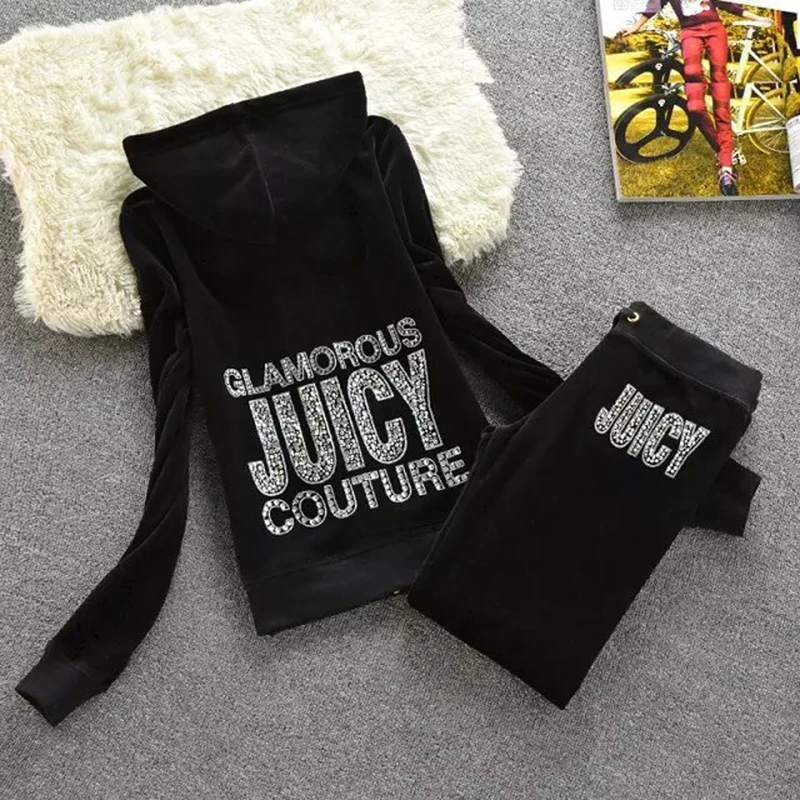 

Spring Fall Two Piece Set Women Outfits Set Long Sleeve Hooded Zipper Top Casual Velet Elegant Letter Pattern Tracksuits Velour