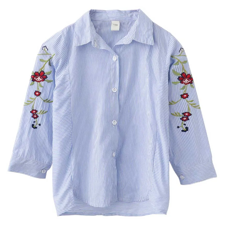 Рубашка для девочек полосатая блузка детская с цветочной вышивкой весна осень