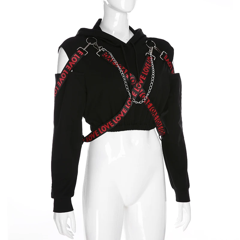 Rapwriter Casual Metal Chain Patchwork Letter Ribbon Long Sleeve Hoodies Women Fall Winter Black Harajuku Pullover Crop Top