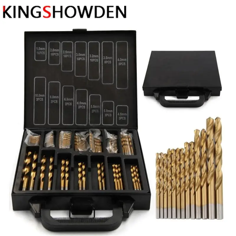 

99PCS HSS Twist Drill Bits Set 1.5-10mm Iron Box packing Titanium Coated Surface 118 Degree For Drilling woodworking