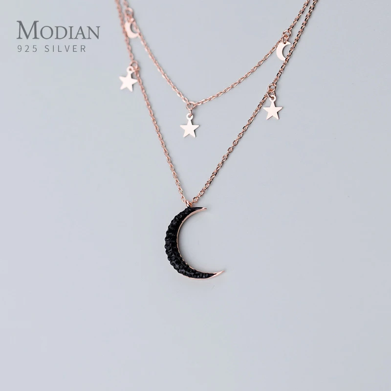 

MODIAN 925 Sterling Silver Rose Gold Color Double Layer Stars Black Zircon Crescent Pendant Necklacce for Women Fine Jewelry