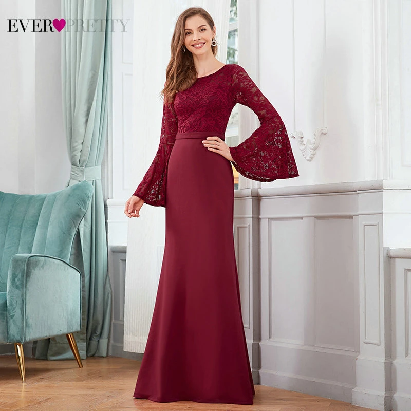 Длинные Бордовые платья для выпускного вечера 2020 Ever Pretty Русалка с круглым