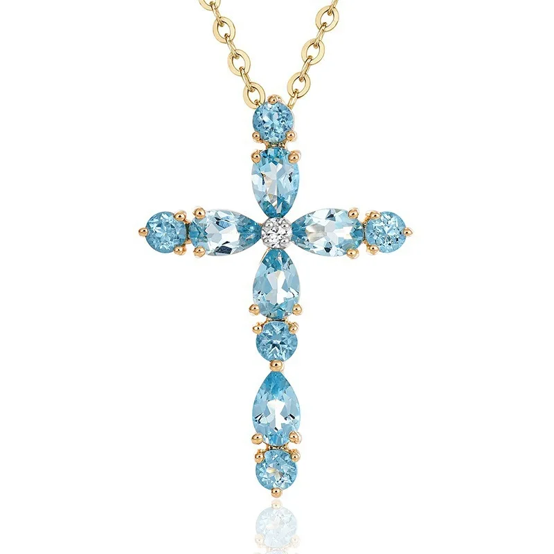 HOYON Natural Blue Topaz Pendant Necklace For Women 18k Gold Color Natural gemstone trendy Elegant cross Pendant Fine jewelry