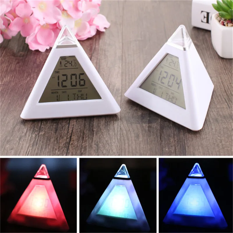 Pyramid Shape 7Color Change Colorful Alarm Clock Home Decor Time LED Digital LCD Creative Fashion Office Table | Дом и сад