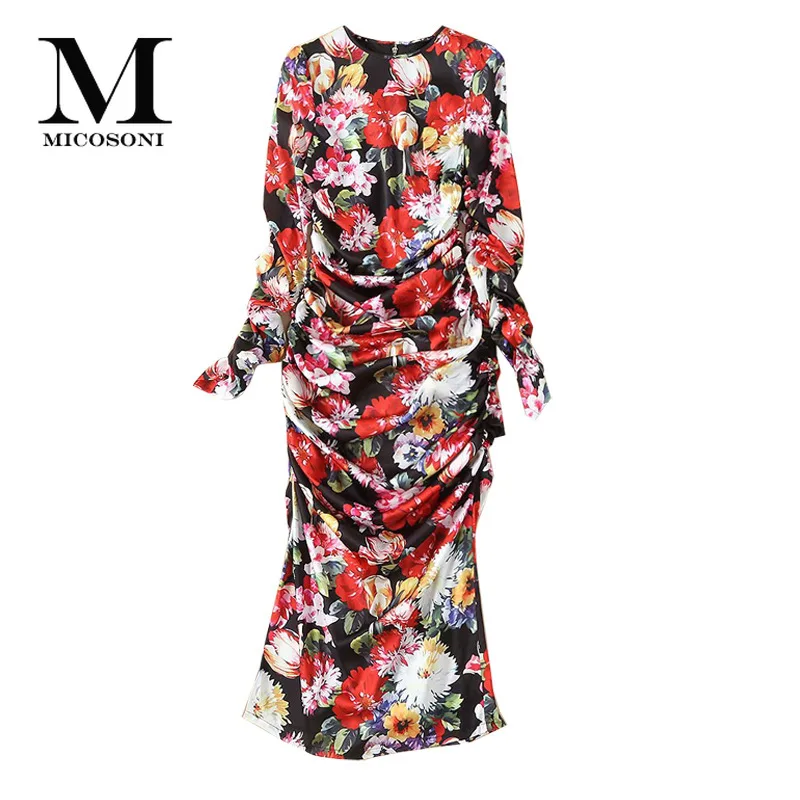 

Micosoni High-end Quality Runway Fashion 2019 Autumn New Ladies Floral Print Pleated Regular Long Sleeve Sexy Club Dress S-XL