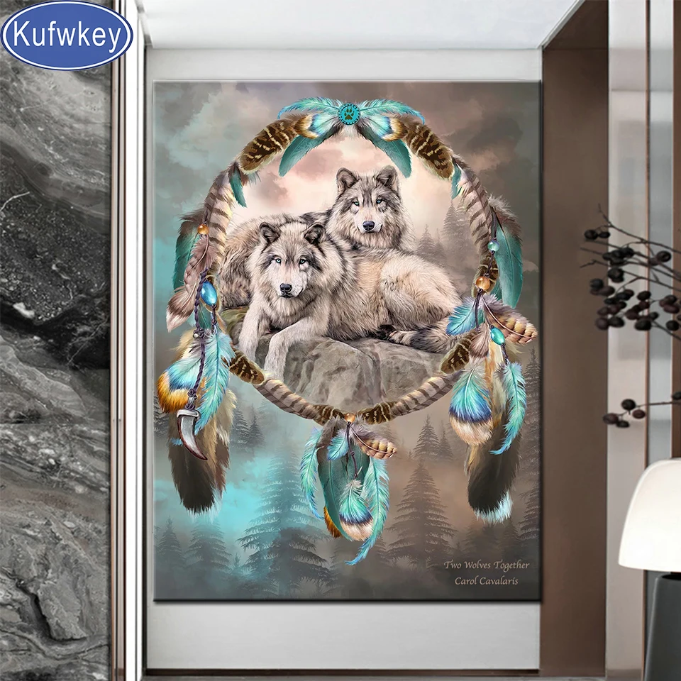 

Diamond Embroidery Full Round Drill,Wolf Dream Catcher feather diamond Painting Mosaic Indian pattern For Animal Home Art,