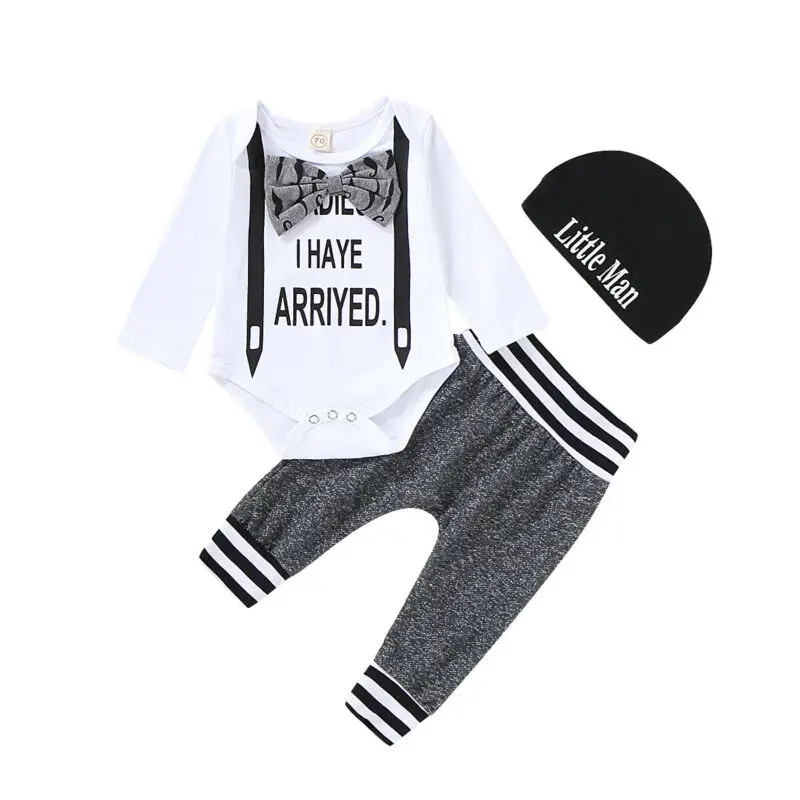 3Pcs Newborn Kids Baby Boy Letter Long Sleeve Romper Tops+Solid Pants+Cool Hat Outfits Set Autumn Children Boys New Fashion |