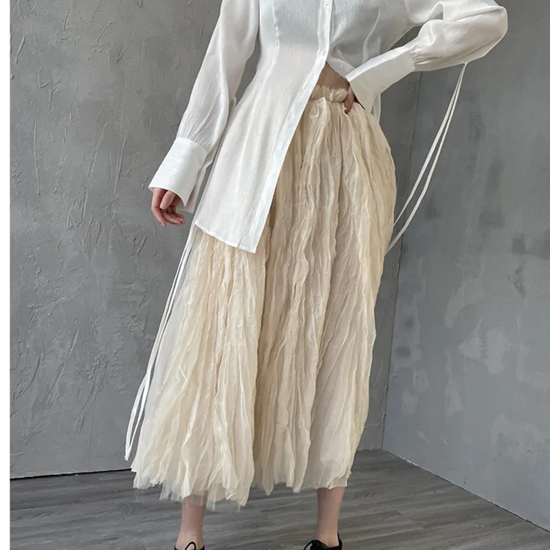 

DEAT High Elastic Waist Half-body Beige Casual Ankle Length Wrinkled Skirt Women Fashion Tide New Spring Summer 2021 GX1032