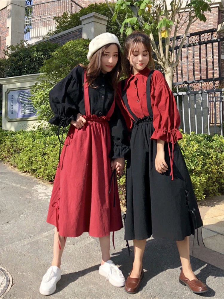 

2021 Fashion Casual Blouse Shirt+ Pleated A-Line Straps Dress Spring Summer Women Lantern Sleeve Single Button 2 Pieces Sets