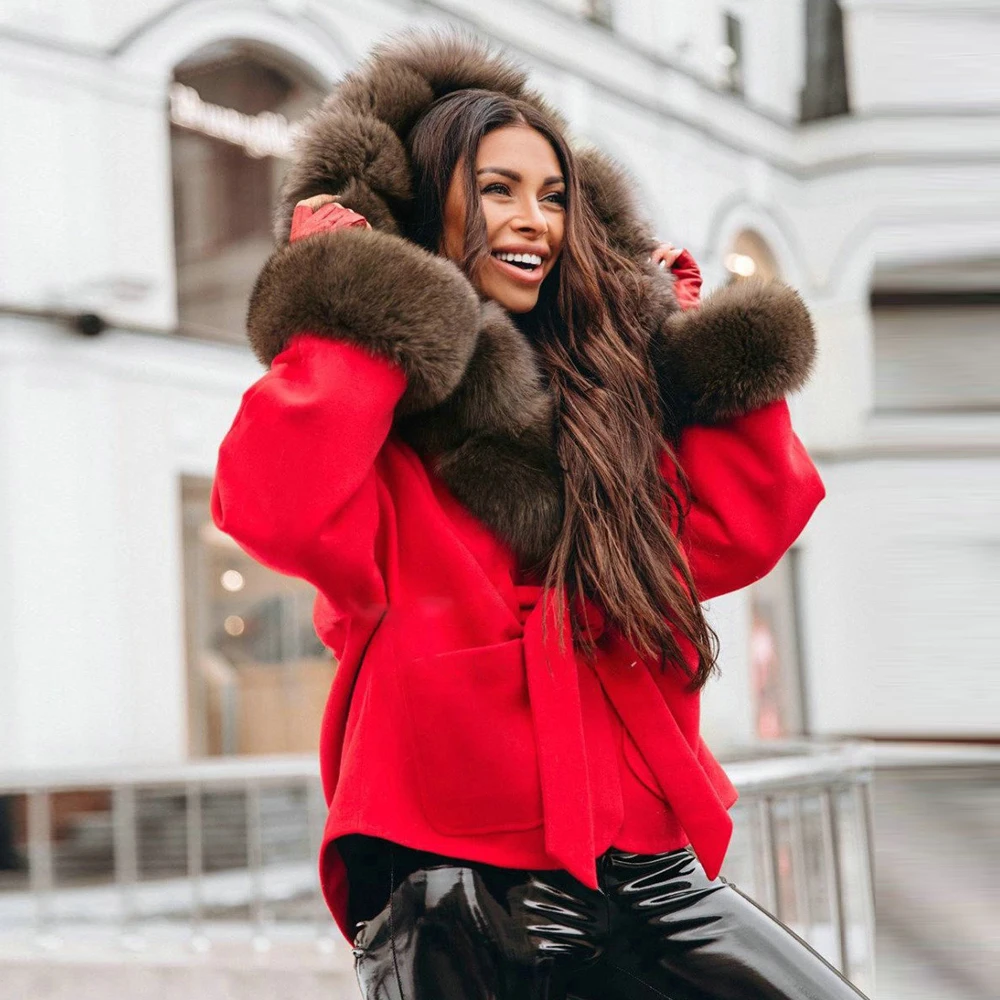 Fashion Red Wool Blends Coat Medium Length Women Cashmere Coats with Natural Fox Fur Hood Thick Warm Winter Fur Overcoats Luxury enlarge