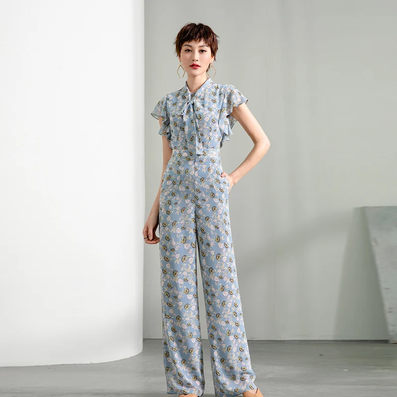 2022 New Summer Jumpsuit Outfit for Women High Street Chiffon Print Elegant Wide Leg Fashion Rompers Overalls Clothing 3XL 4XL