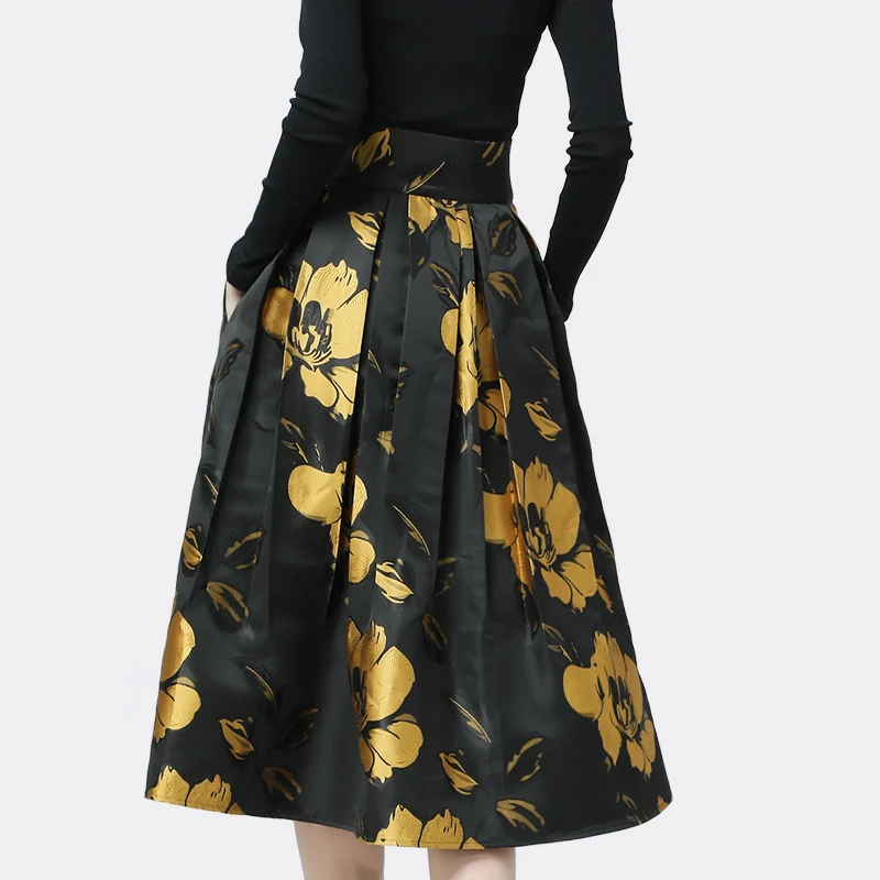 

A-Line Golden Floral Printed Ladies Autumn Winter Long Skirts Plus Size Vintage Jacquard Women Pleated Skirt Elegant High Waist