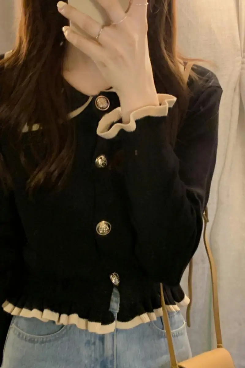 

French short polo lapel slim long-sleeved sweater women's sweater autumn and winter bottoming shirt small top