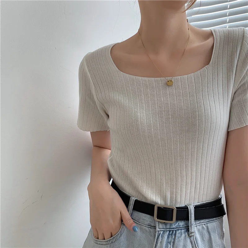 Шикарный квадратный воротник вязаный свитер для женщин модные футболки девочек