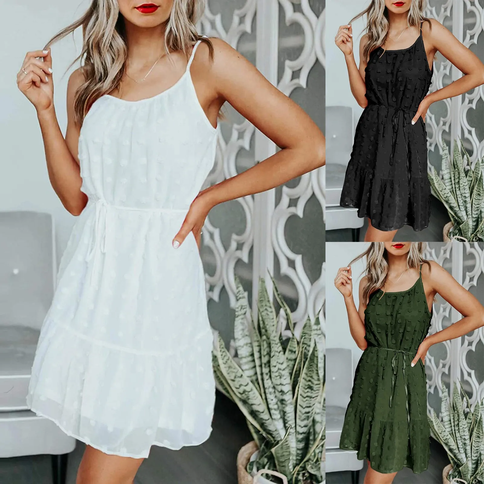 

Женское пляжное платье на бретельках, без рукавов, с высокой талией, однотонное, с оборками, летнее, повседневное, свободное, сарафан