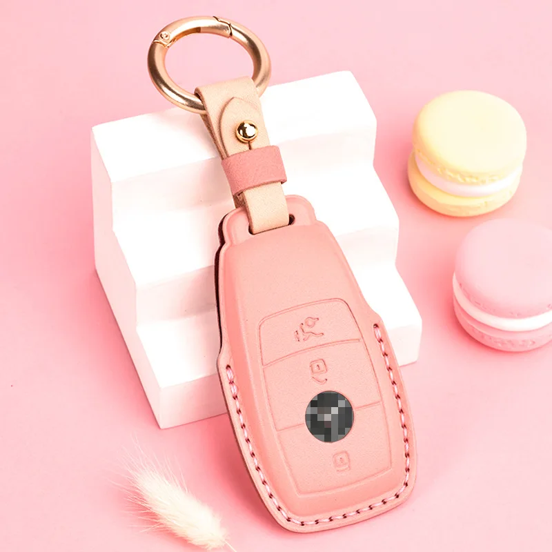 

Women Key Fob Cover New Luxury Genuine Leather Car Keychain Holder for Mercedes Benz Smart Auto Accessories Girls Keyring Shell