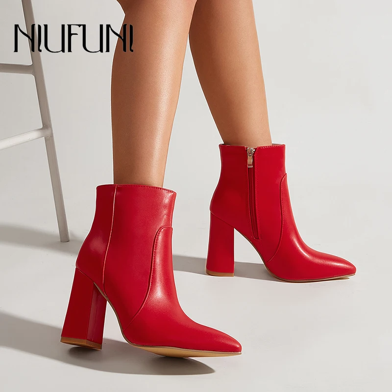 

Wedding Women's Shoes Red Thick High Heels Pointed Toe Ankle Boots Side Zipper Leather Autumn Winter Fashion Street Botas Mujer