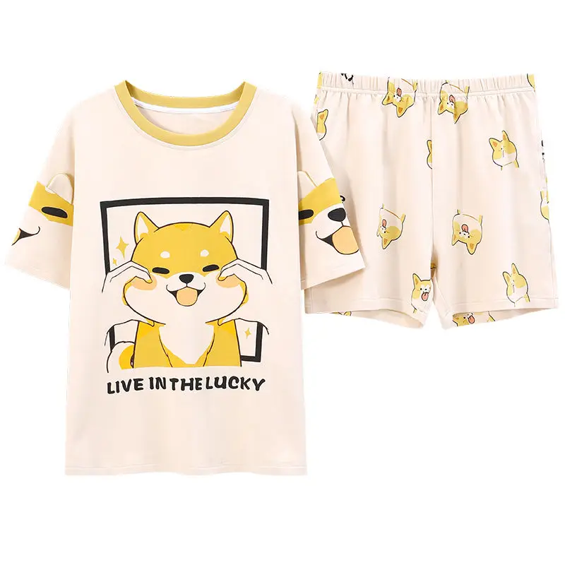 

Pajamas men's summer cotton short sleeve thin student suit large cotton cute cartoon home suit summer