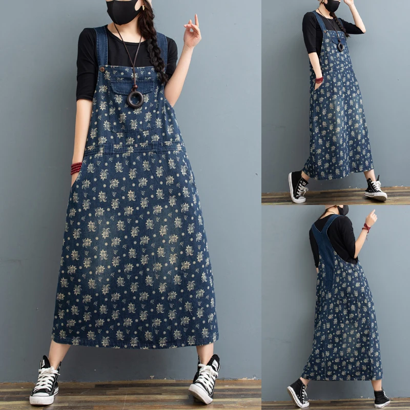 Женское джинсовое платье макси с цветочным принтом объемные подтяжки