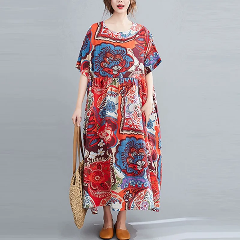 

Oversized Women Cotton Linen Long Dress New Arrival 2021 Summer Vintage Style Floral Print Loose Female Casual Dresses S3235