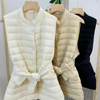 2022 new winter women light down long vest with simple casual belt autumn warm waistcoat gilet stand collar korean style ae752
