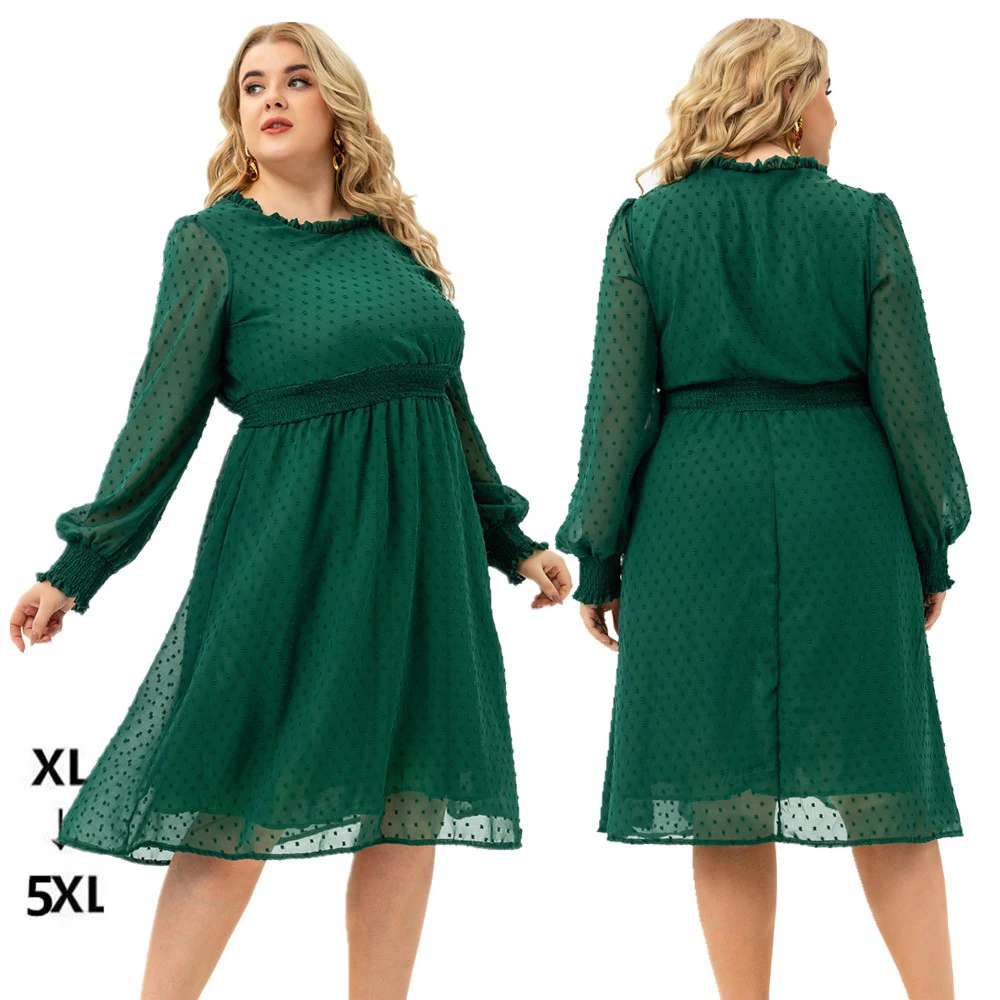 

Новинка 2021, женская одежда в европейском и американском стиле, элегантное зеленое шифоновое платье с длинным рукавом и круглым вырезом и цв...