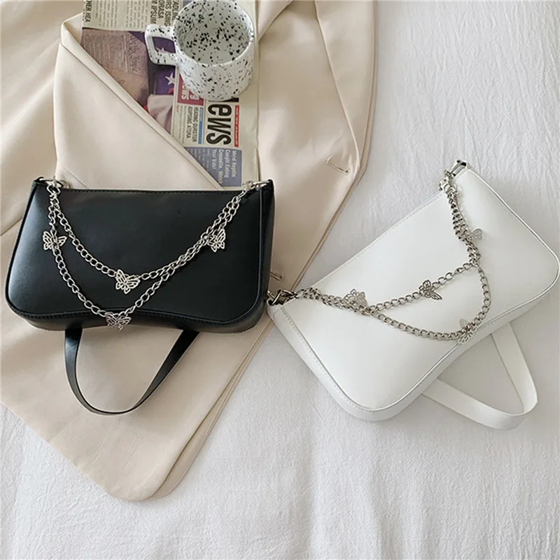 

Модная женская маленькая сумка из искусственной кожи на плечо, Женская винтажная сумка с цепочкой-бабочкой, однотонный мини-кошелек на молн...